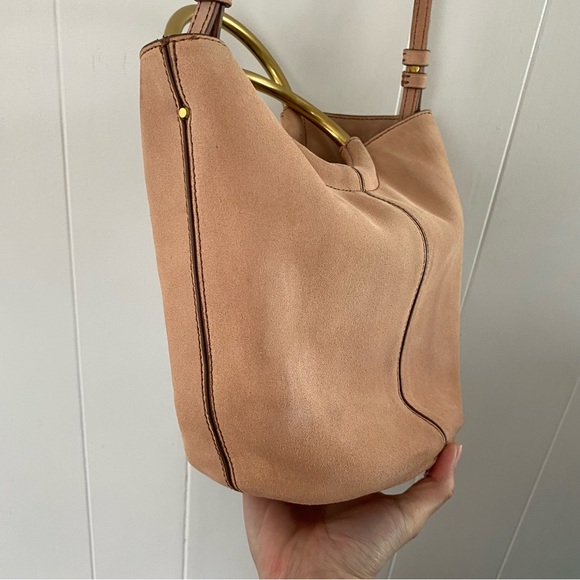 J Crew Blush Pink Suede Bracelet Bucket Crossbody Gold Italian Leather Frankie - Picture 6 of 16